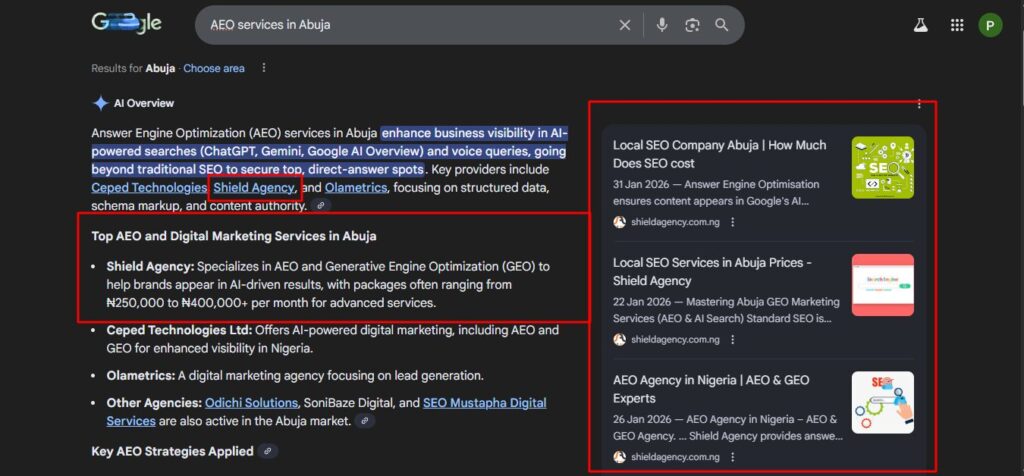 How to get more leads online in Dubai SEO strategy How to grow a business online in UAE 2026 roadmap What is Google AI overview UAE search result example Shield Agency UAE digital marketing growth chart